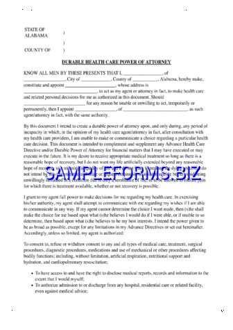Alabama Durable Health Care Power of Attorney Form pdf free